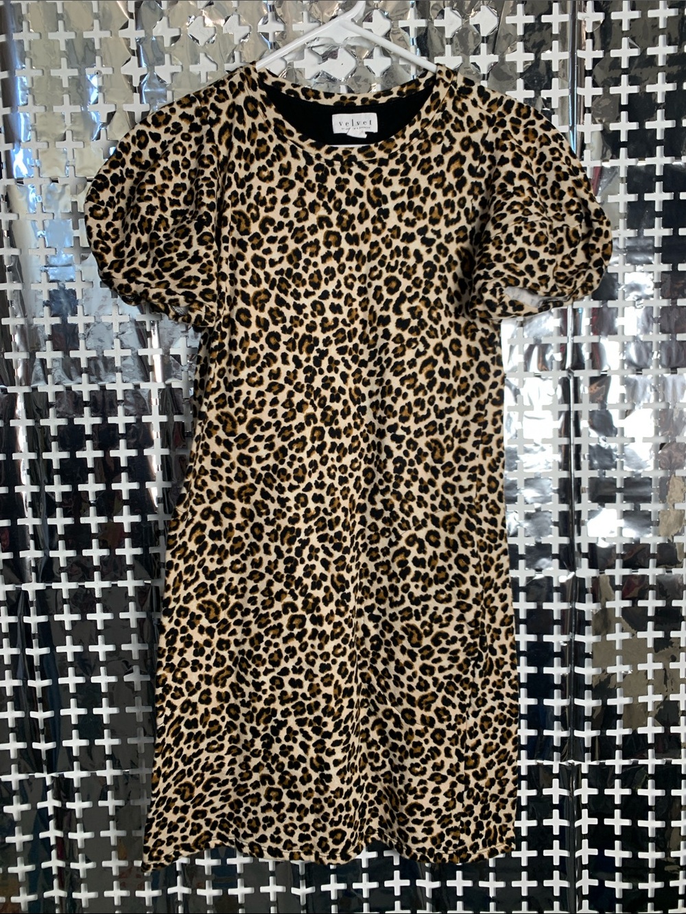 Velvet Leopard Print Puff Sleeve Mini Dress - Tan & Black